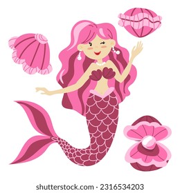 Vector illustration of a cute pink mermaid princess with colorful hair and other underwater elements. Seashells, seashell with pearls, all in her color. Children's illustration in the marine theme