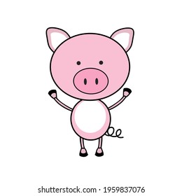 vector illustration of cute pink pig animal logo standing and raising both hands