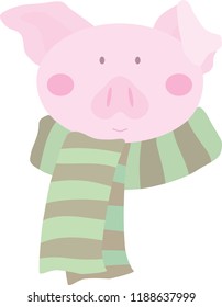 Vector illustration of cute pink piggy with warm green scarf.