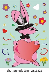 Vector illustration of cute pink rabbit holding big heart