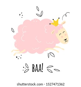 Vector illustration with cute pink sheep, text and decorative elements