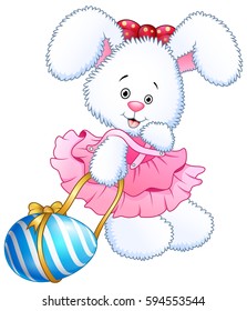 Vector illustration of Cute pink toy bunny dress holding bow and easter egg