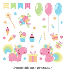 Vector illustration of cute pink unicorns with happy birthday elements
