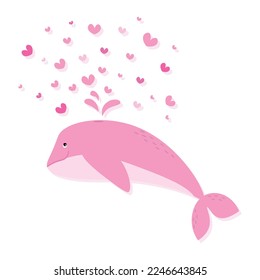 Vector illustration of cute pink whale spreading water and heart on white background