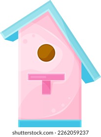 vector illustration cute pink wooden birdhouse, small wooden house, spring illustration 
