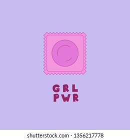 Vector illustration with cute pink wrapped condom. Rubber icon in a flat style and girl power inscription. Contraception concept. Neutral background in trendy blue colour. Barrier сontraception method