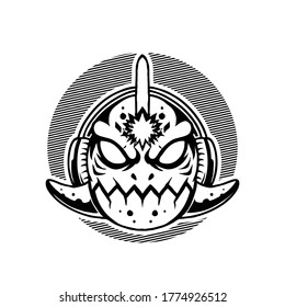 Vector illustration of Cute Piranha Fish with a headphone and big eye on the White Background. Hand-drawn illustration for mascot sport logo poster t-shirt printing. Vector Logo