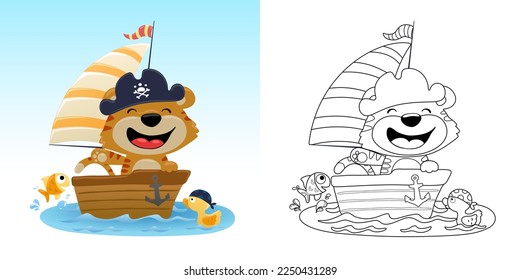 Imagen vectorial de un gato de dibujos animados con gorra pirata en una velera, pateando con peces en el agua. Libro o página de coloración para niños 