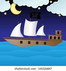 Vector illustration of cute pirate ship, ocean, Moon, stars, clouds and blue sky