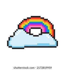 Vector illustration of cute pixel art rainbow icon. Cloud geek element in the style of 90s game. Oldschool graphic clipart