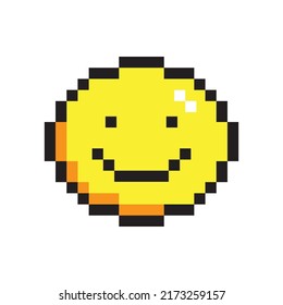 Vector illustration of cute pixel art smiling face icon. Geek emoji element in the style of 90s game. Oldschool graphic clipart