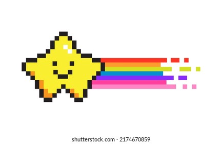 Vector illustration of cute pixel art star and rainbow icon. Geek element in the style of 90s game. Oldschool graphic clipart