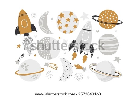 Vector illustration of cute planets, rockets and stars. Saturn, Moon. Hand drawn illustration of Universe for kids. Cosmos elements isolated on white background.  Space adventure. Baby. Scandinavian.