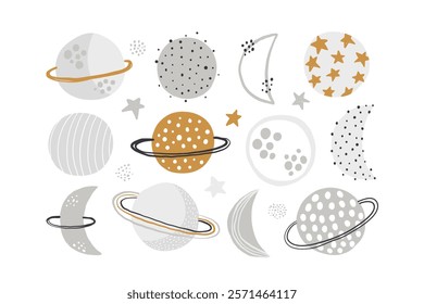 Vector illustration of cute planets and stars. Saturn, Moon. Hand drawn illustration of Universe for kids. Cosmos elements isolated on white background.  Space adventure. Baby boy. Scandinavian.