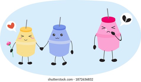 vector illustration of cute plastic bottle character for fermented milk. is in love and makes his girlfriend jealous.