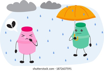 vector illustration of cute plastic bottle character for fermented milk. two people who are heartbroken when it rains