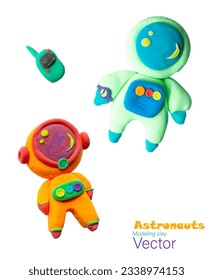 Vector illustration of cute plasticine astronauts of a girl and a boy. Great as elements for decor or stickers. Suitable for page design, will give volume and liveliness