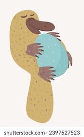 Vector illustration of cute platypus with egg isolated on light background.