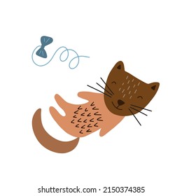 Vector illustration of cute playing cat in doodle style isolated on white background.