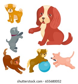 Vector illustration cute playing dogs characters funny purebred puppy comic happy mammal breed