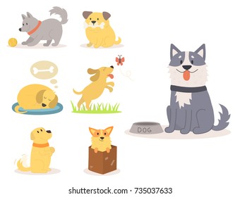 Vector illustration cute playing dogs characters funny purebred puppy comic happy mammal breed