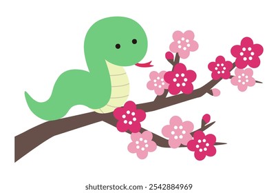 Vector illustration of cute plum blossom and snake. Year of the snake, zodiac sign, icon, New Year's card