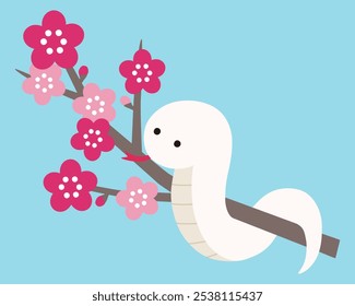Vektorgrafik von niedlichen Pflaumenblüten und Schlangen. Jahr der Schlange, weiße Schlange, Symbol, Neujahrskarte