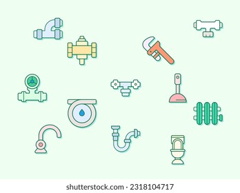 Vector illustration of a cute plumbing. Collection of traps, drains, taps, hand tools, vise, pipe, connector, valve and other elements. Isolated on green.