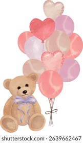 Vector illustration of a cute plush bear with a bunch of festive balloons. Great for kids’ celebration designs, baby invites, and nursery prints.