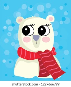 Vector illustration of cute polar bear. Cartoon character on blue background 