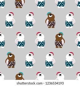 Vector illustration of cute polar bear cartoon character wearing pajamas going to bed on gray background.Seamless background.