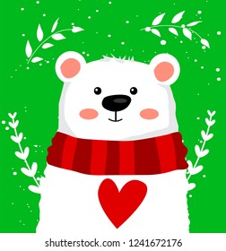 Vector illustration cute polar bear on green background. Happy christmas. Cartoon character.