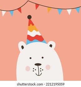Vector illustration of cute polar bear and festive garland. Modern design for postcard, invitation, winter poster print. 