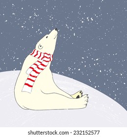 Vector Illustration Of Cute Polar Bear Character Sitting Under Snowfall.