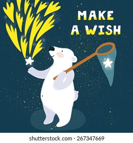 Vector illustration of cute polar bear with stars and text "Make a wish". Night background with cartoon character.