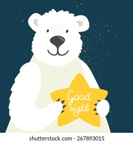 Vector illustration of cute polar bear with star and hand written text "Good night". Childish background with smiling cartoon character.