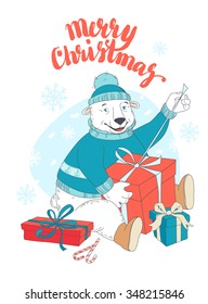 Vector illustration Cute polar bear opening Christmas gifts 