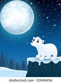 Vector illustration of Cute polar bear cartoon in the winter night background