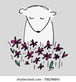 Vector illustration, cute polar bear in flowers. Picture, label, poster, postcard, print for clothes and other, element for design.