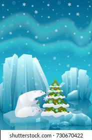 Vector illustration of cute polar bear sitting in ice and decorating Christmas tree with ball. Winter arctic ice landscape with iceberg.