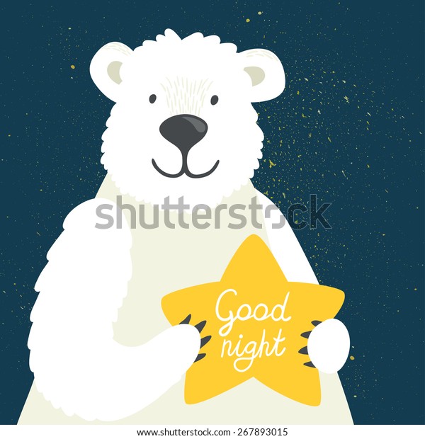 星と手書きの おやすみ を持つかわいい白熊のベクターイラスト 笑顔の漫画のキャラクターのある子どもっぽい背景 のベクター画像素材 ロイヤリティフリー