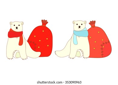 Vector illustration of a cute polar bears and a Santa sacks. Christmas background.