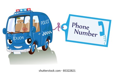 Vector illustration, cute police car with label, card  concept, white background.