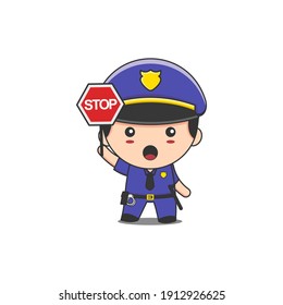 Vector illustration of cute police man holding a stop sign