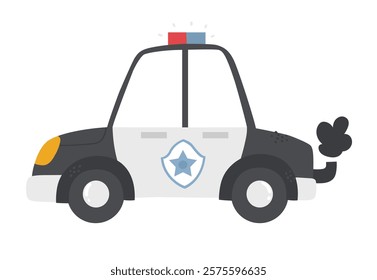 Vector illustration of a cute police patrol car. Transportation for kids. Police station. Emergency. Police illustration for children. Cute emergency vehicle. Patrol car. Isolated on white.