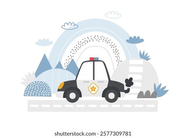 Vector illustration of a cute police patrol car, road, mountains and rainbow. Transportation for kids. Police station. Emergency. Police illustration for children. Cute emergency vehicle. Patrol car. 