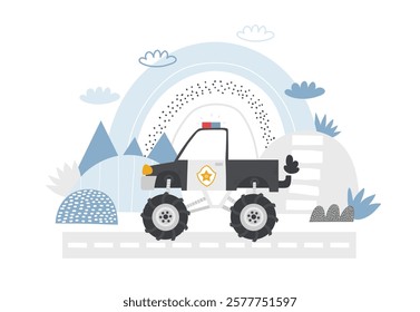 Vector illustration of a cute police patrol car, road, mountains and rainbow. Transportation for kids. Police station. Emergency. Police illustration for children. Cute emergency vehicle. Patrol car. 