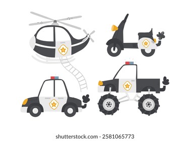 Vector illustration of cute police transportation. Helicopter, moped, car, monstertruck. Set of police vehicles for children. Police station. Emergency. Patrol car. 