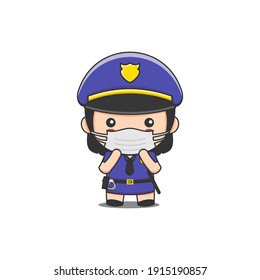 Vector illustration of cute police woman wearing a mask