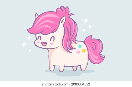 Vector illustration of a cute pony in kawaii style. Cute pony with stars in chibi style.